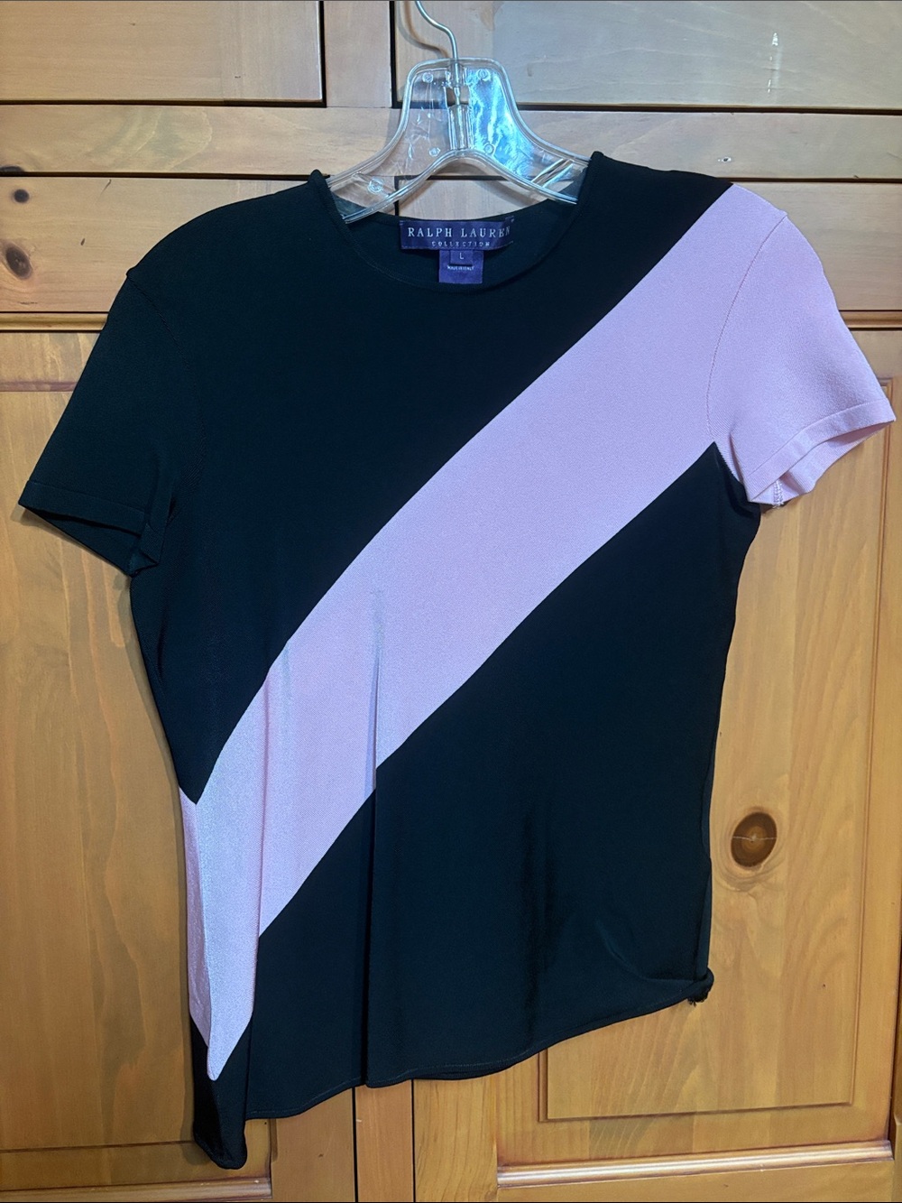 Ralph Lauren Black Top with Pale Pink Diagonal Stripe Short Sleeve